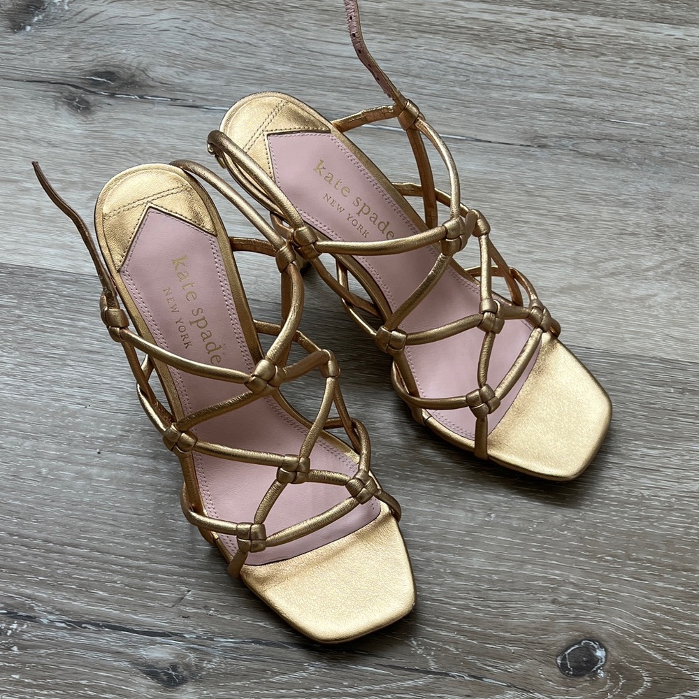 kate spade Metallic Gold Knotted Cage Heeled Sandals